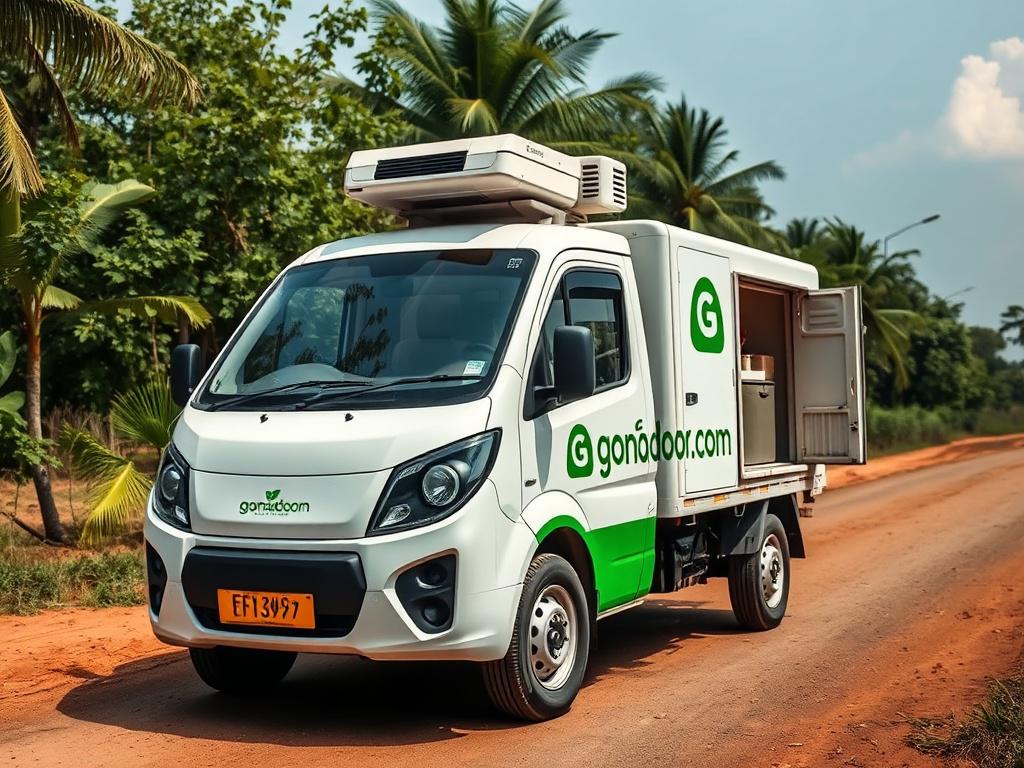 A detailed, realistic of an electric delivery vehicle with inbuilt