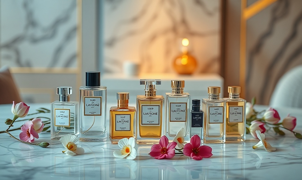 Luxury perfume brand collection with flowers and marble