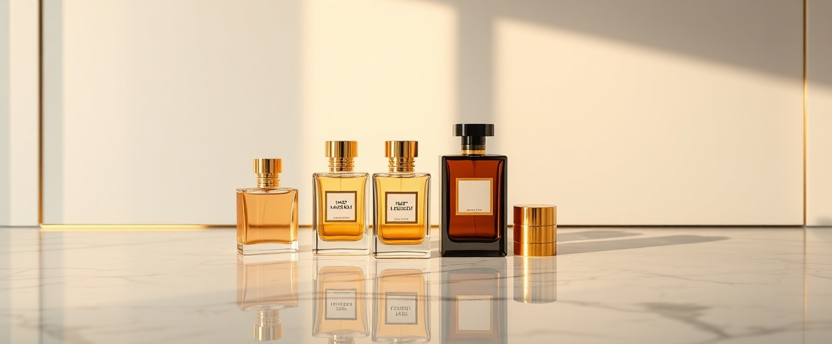 Luxury perfume bottles with gold accents on marble surface with soft golden lighting