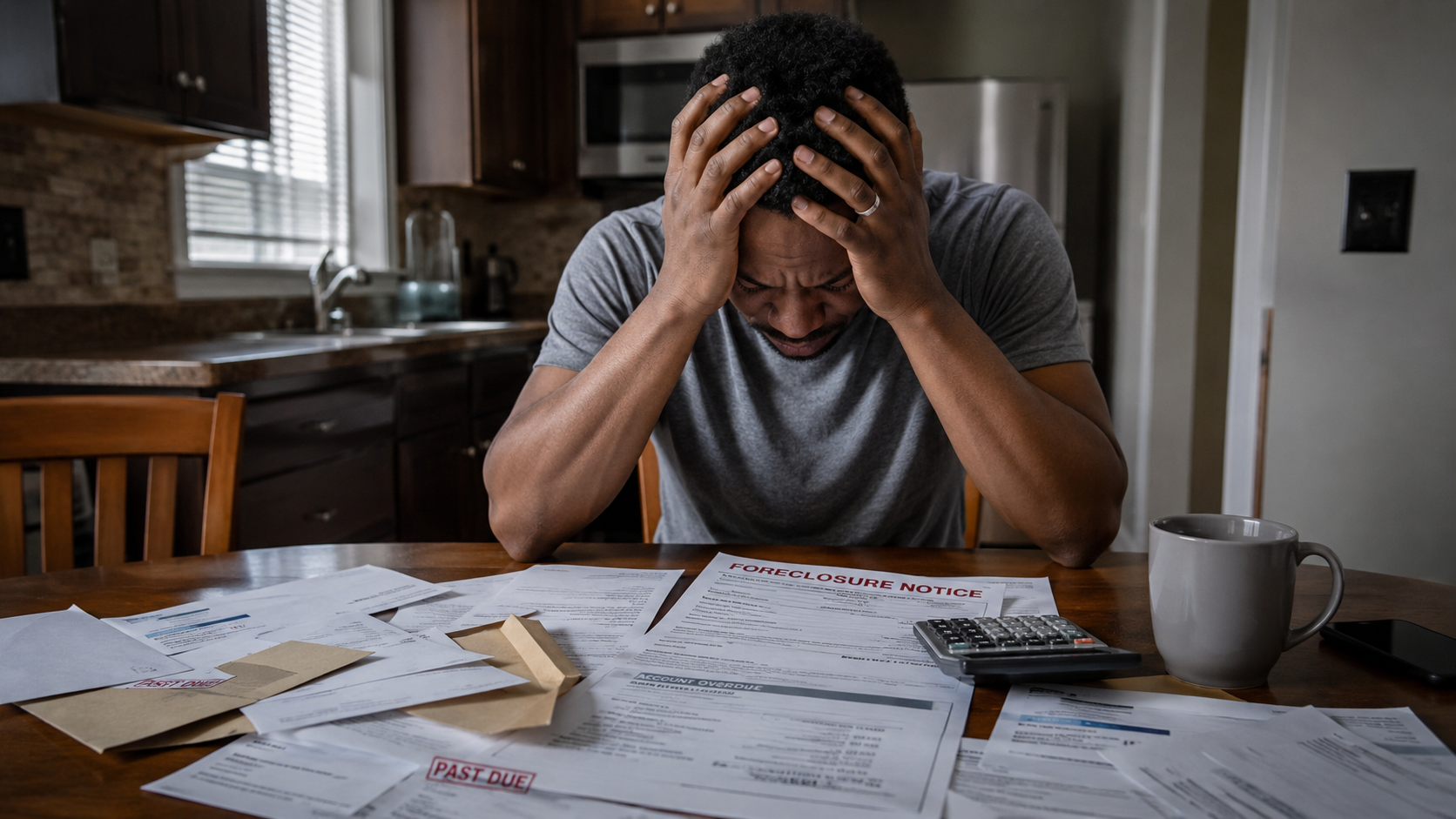 Homeowner stressed about bills and foreclosure at kitchen table