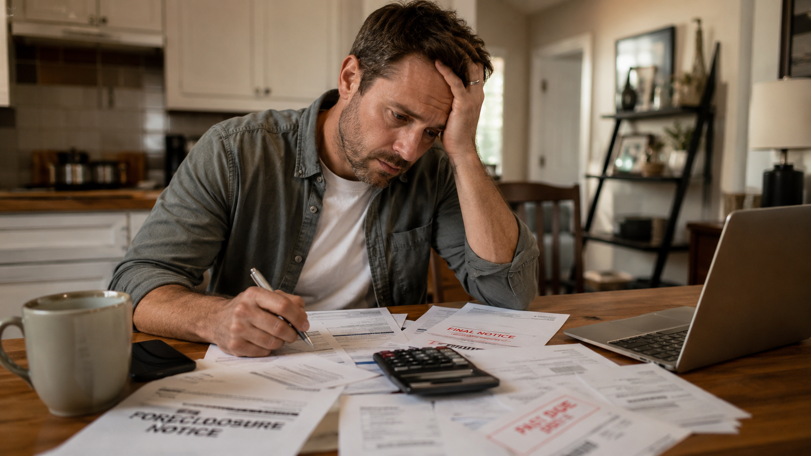 Stressed homeowner surrounded by bills and mortgage documents