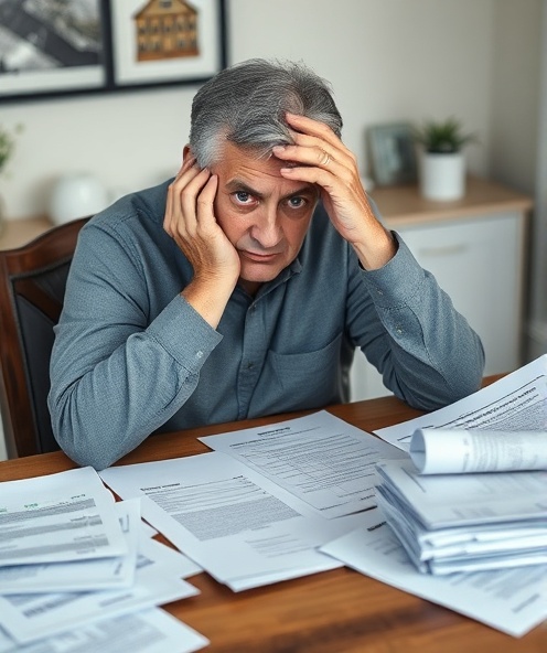 Stressed homeowner surrounded by bills and mortgage documents