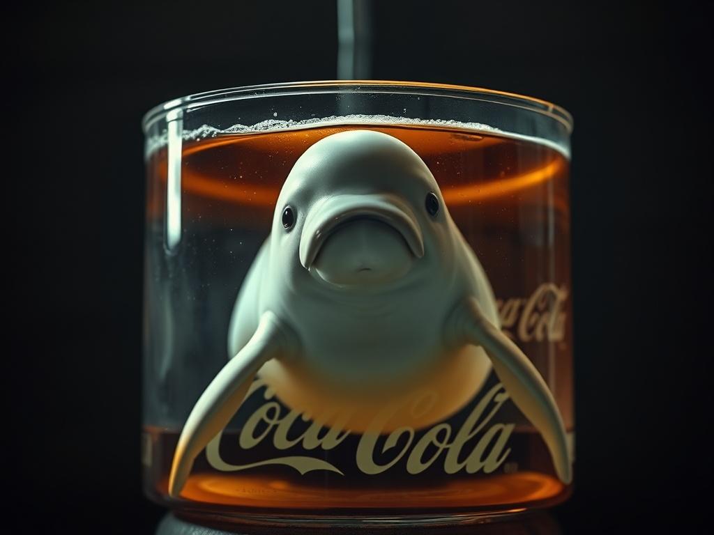 A sad beluga whale swimming in a small tank filled with Coca Cola. The beluga's expression shows distress and longing, highlighting its plight. The tank is clear but small, with the dark brown color of the soda contrasting against the beluga's white skin. The background is dimly lit, emphasizing the somber mood of the scene, with subtle reflections of the tank's edges visible in the liquid. The overall composition evokes a sense of sadness and urgency for the whale's conservation.