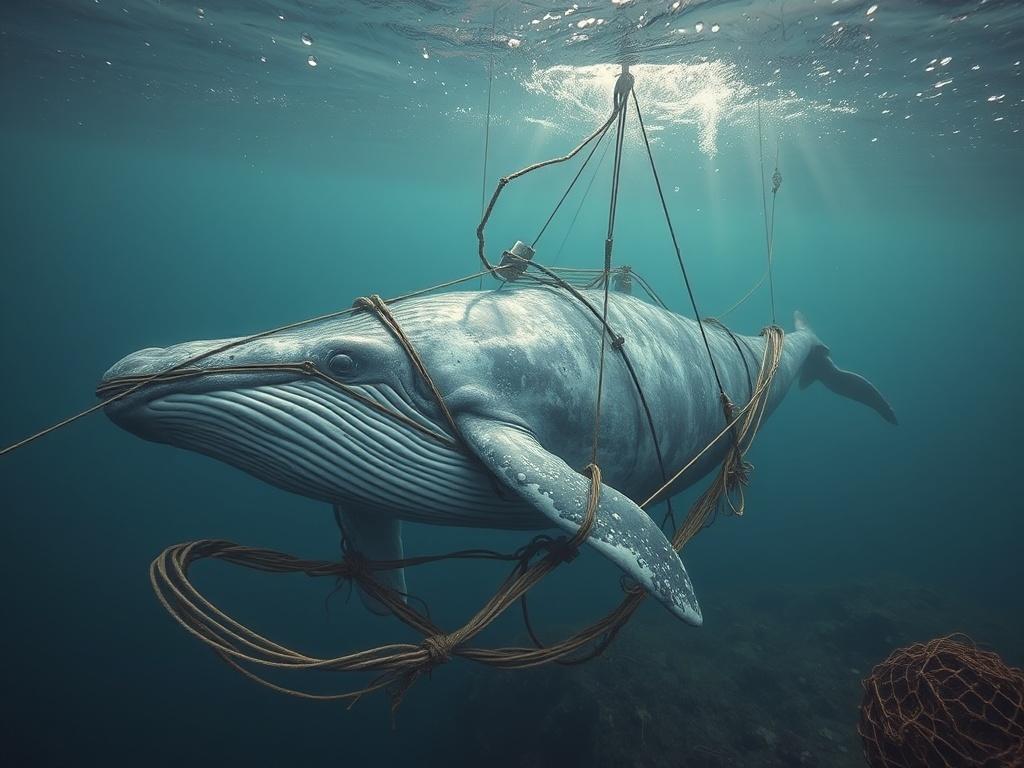 Create a realistic high-resolution photo of a single whale trapped in fishing gear. The whale should be depicted in a side view, showcasing its immense size and struggle. Ensure the whale's texture is visible, capturing the natural tones of its skin, including shades of gray and blue. Surround the whale with tangled fishing lines and nets, highlighting the impact of human activity on marine life. 

For the background, use an underwater scene with soft natural light filtering down from the surface, creating 