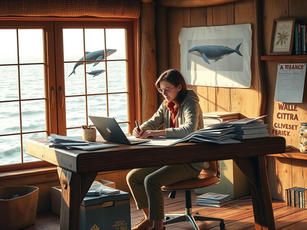 A dedicated individual working on a nonprofit formation for whale protection. The person is sitting at a rustic wooden desk, surrounded by papers and documents related to whale conservation. The background features a large window with a view of the ocean, where whales can be seen swimming. The scene is warm and inviting, with natural light streaming in, highlighting the person's focused expression as they work diligently on their mission.