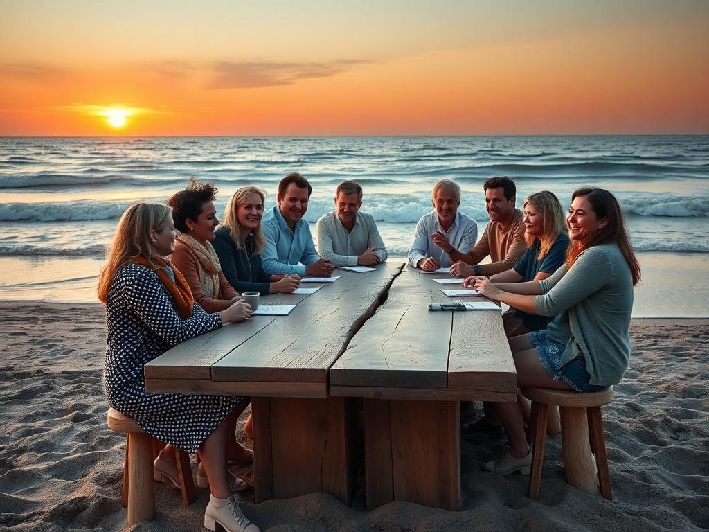 A high-resolution image depicting a serene ocean scene with a group of diverse board members passionately discussing whale conservation efforts. The image should capture the essence of teamwork and collaboration, with the members gathered around a table made of reclaimed wood, set on a beach with gentle waves in the background. The sun is setting, casting warm tones over the scene, highlighting their commitment to protecting whales. The board members should represent different backgrounds and ages, conveyin