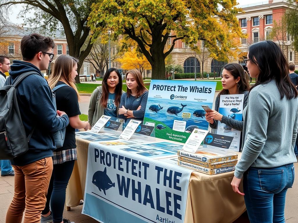 A group of college students enthusiastically tabling for Protect the Whales at a university campus. The scene shows students interacting with passersby, displaying informative materials about whale conservation. The table is adorned with posters featuring whales and environmental themes, with a vibrant and inviting atmosphere. The background includes trees and buildings typical of a university setting, conveying a sense of community engagement.