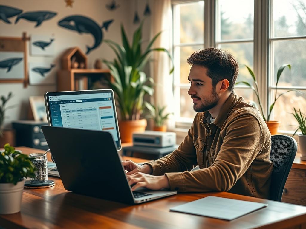 A focused volunteer sitting at a desk, working on a laptop with a database interface on the screen. The background features a cozy office environment with whale-themed decorations, plants, and a window showing a peaceful outdoor scene. The lighting is warm and inviting, creating an atmosphere of productivity and passion for marine conservation.