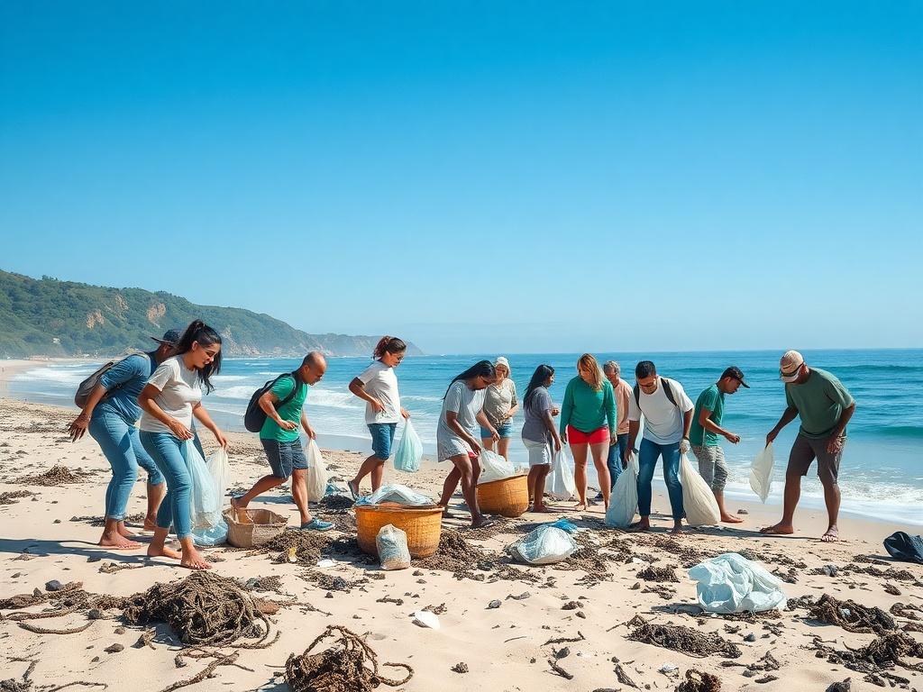 A serene beach scene featuring a group of volunteers actively participating in a beach cleanup. The volunteers, diverse in age and ethnicity, are picking up trash and debris, showcasing their commitment to protecting marine life. The background features a clear blue sky, gentle waves, and lush greenery along the coastline, evoking a sense of community and environmental responsibility. The overall tone is uplifting and positive, reflecting the beauty of nature and the importance of conservation efforts.