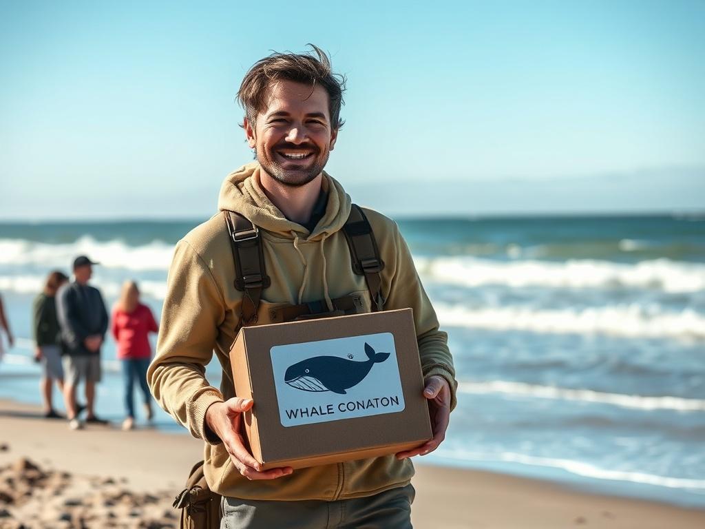 A passionate volunteer standing on a scenic beach, holding a donation box with a whale logo. The volunteer is smiling and interacting with beachgoers, encouraging them to contribute to whale conservation efforts. In the background, there are gentle waves and a clear blue sky, creating an inviting atmosphere. The scene should capture the essence of community engagement and environmental stewardship, with natural earthy tones and textures.