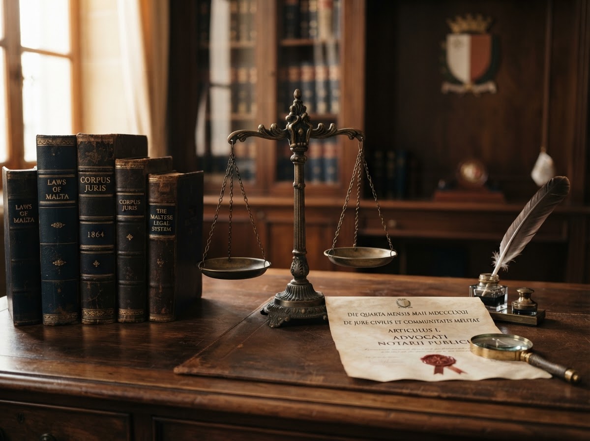 Legal books and a brass balance on a lawyer's desk