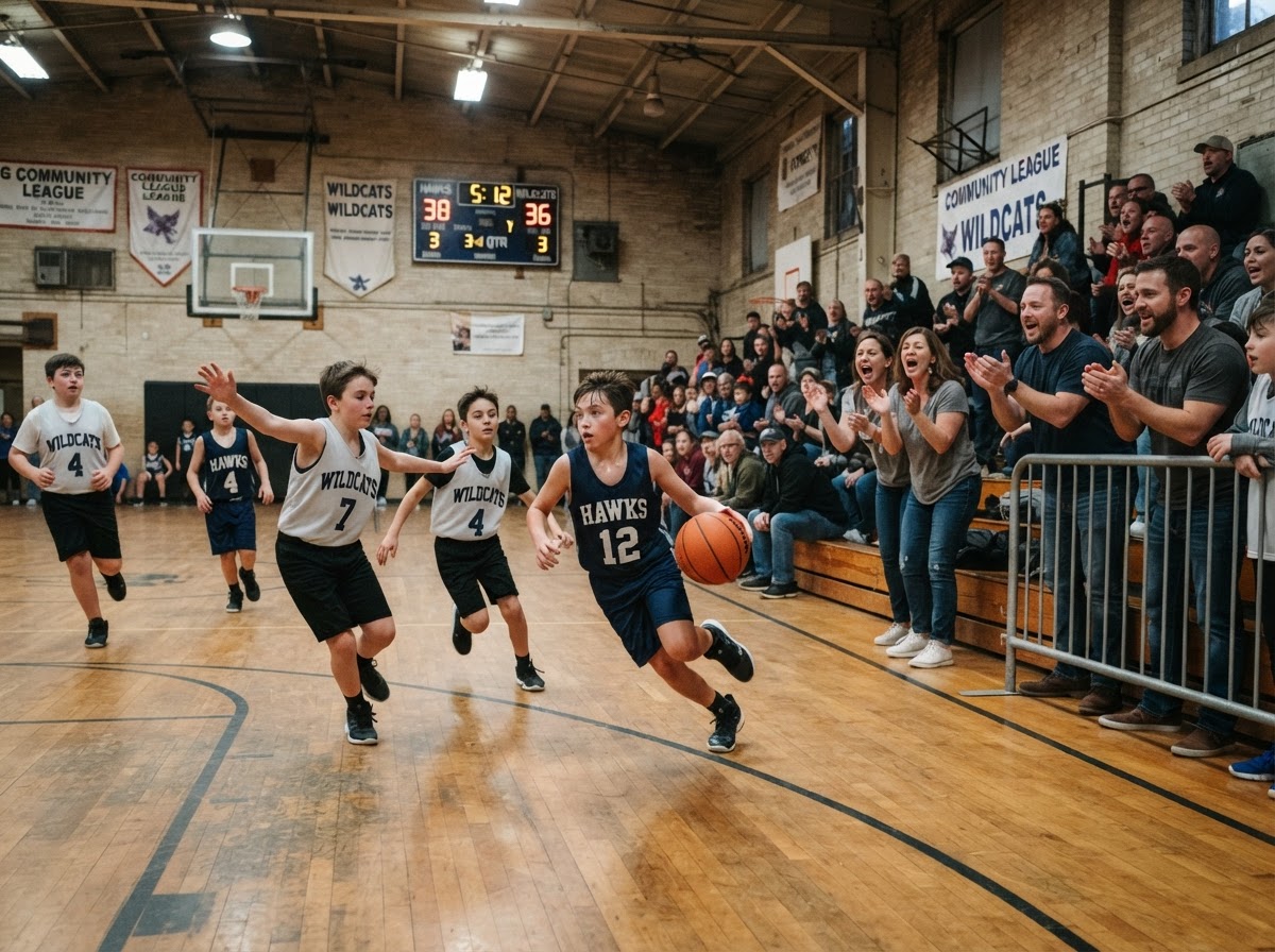 Youth basketball game with children actively playing and spectators watching