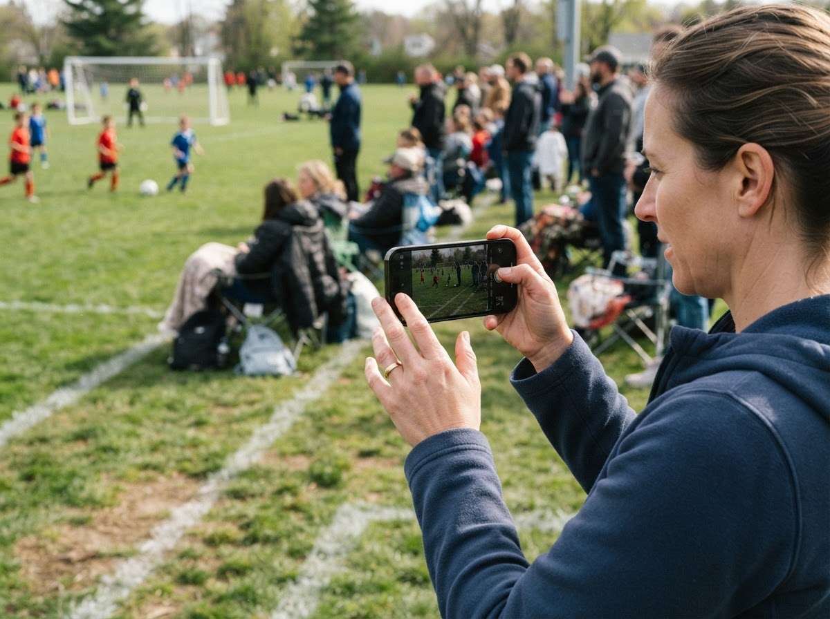 Parent recording youth soccer game with modern smartphone pointed directly at players