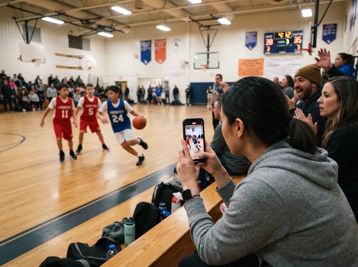 Youth basketball game with player dribbling, spectators watching, and adult recording clearly pointed at the court