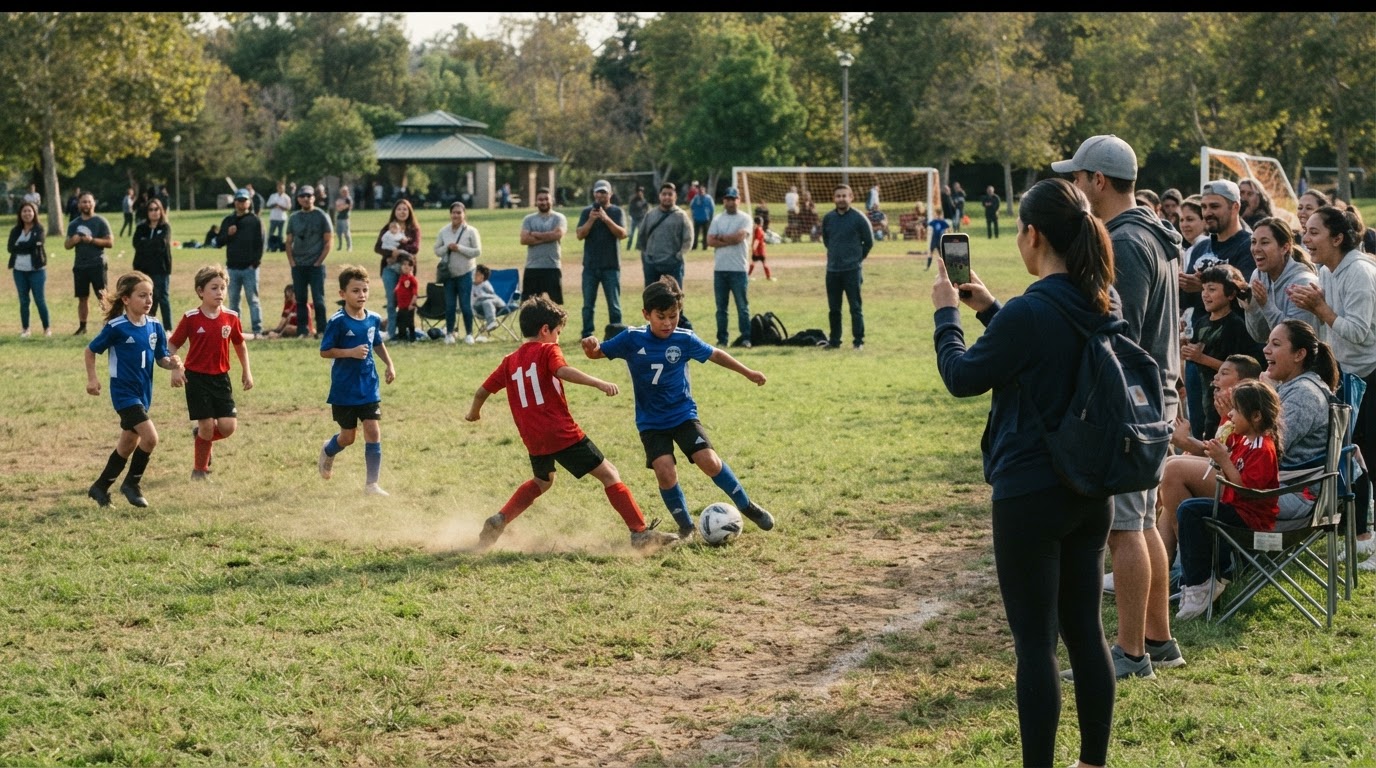 Youth soccer match with ball in play, spectators and parent recording aligned with the action