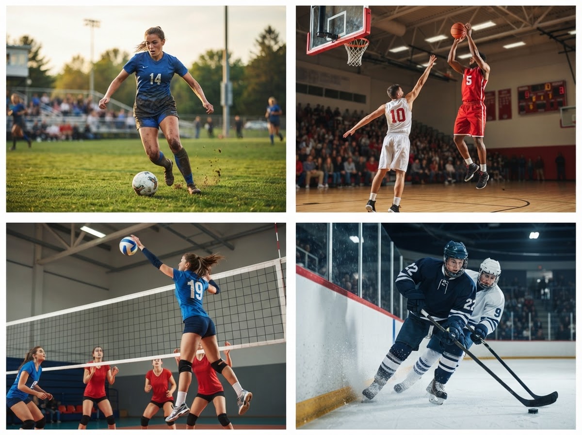 Soccer, basketball, volleyball, and hockey game moments