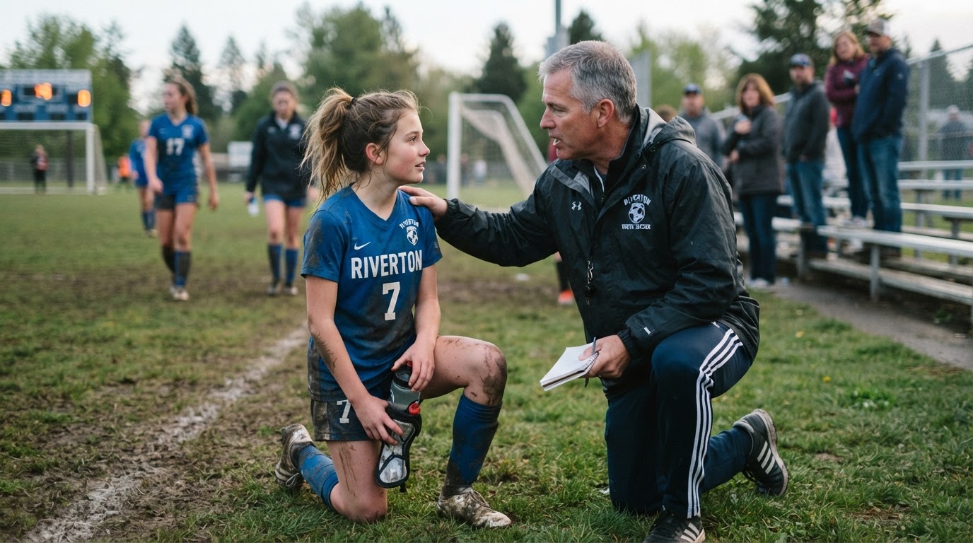 Coach mentoring young athlete in meaningful conversation