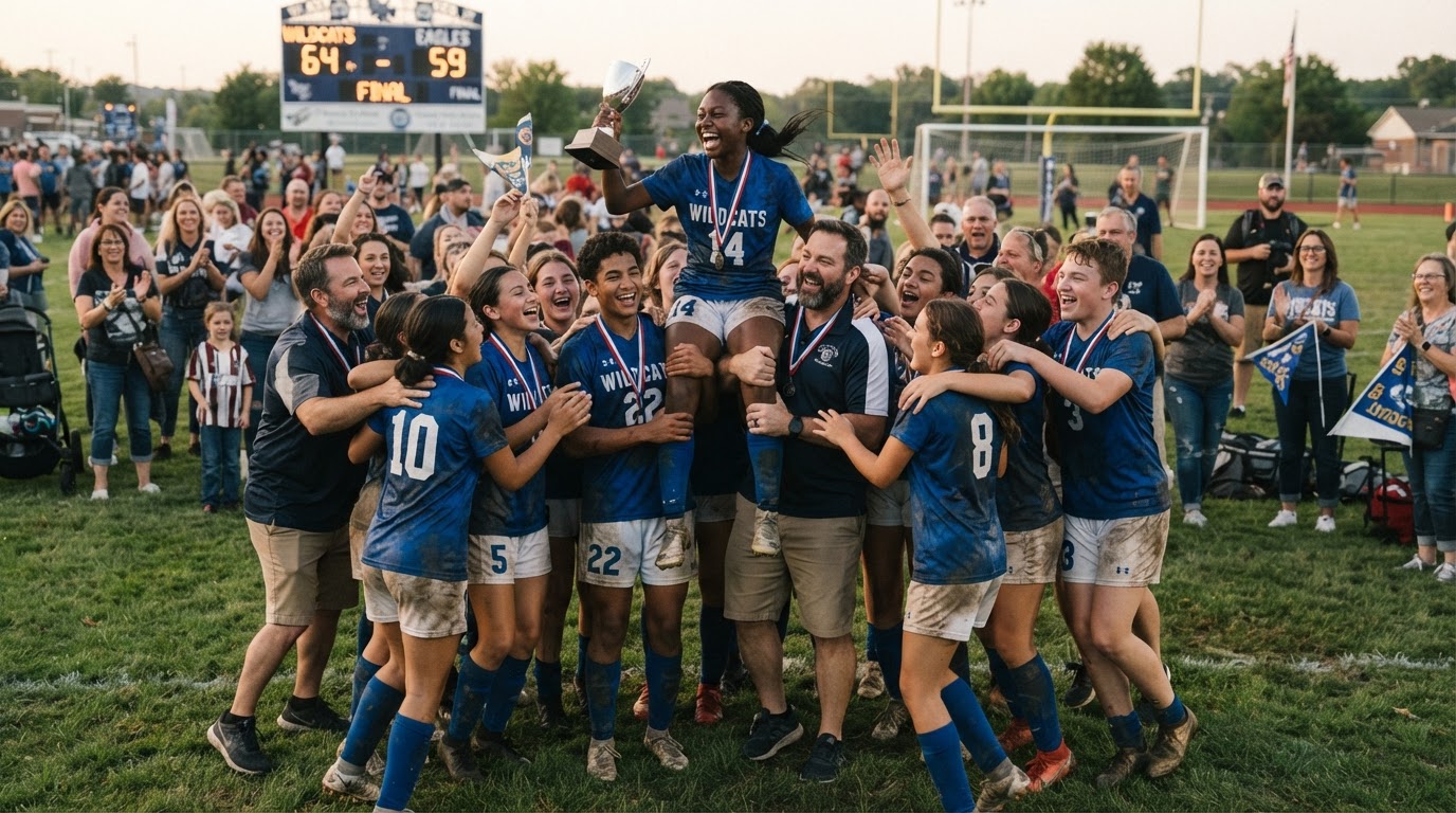 Diverse group of young athletes, coaches, and supporters celebrating together
