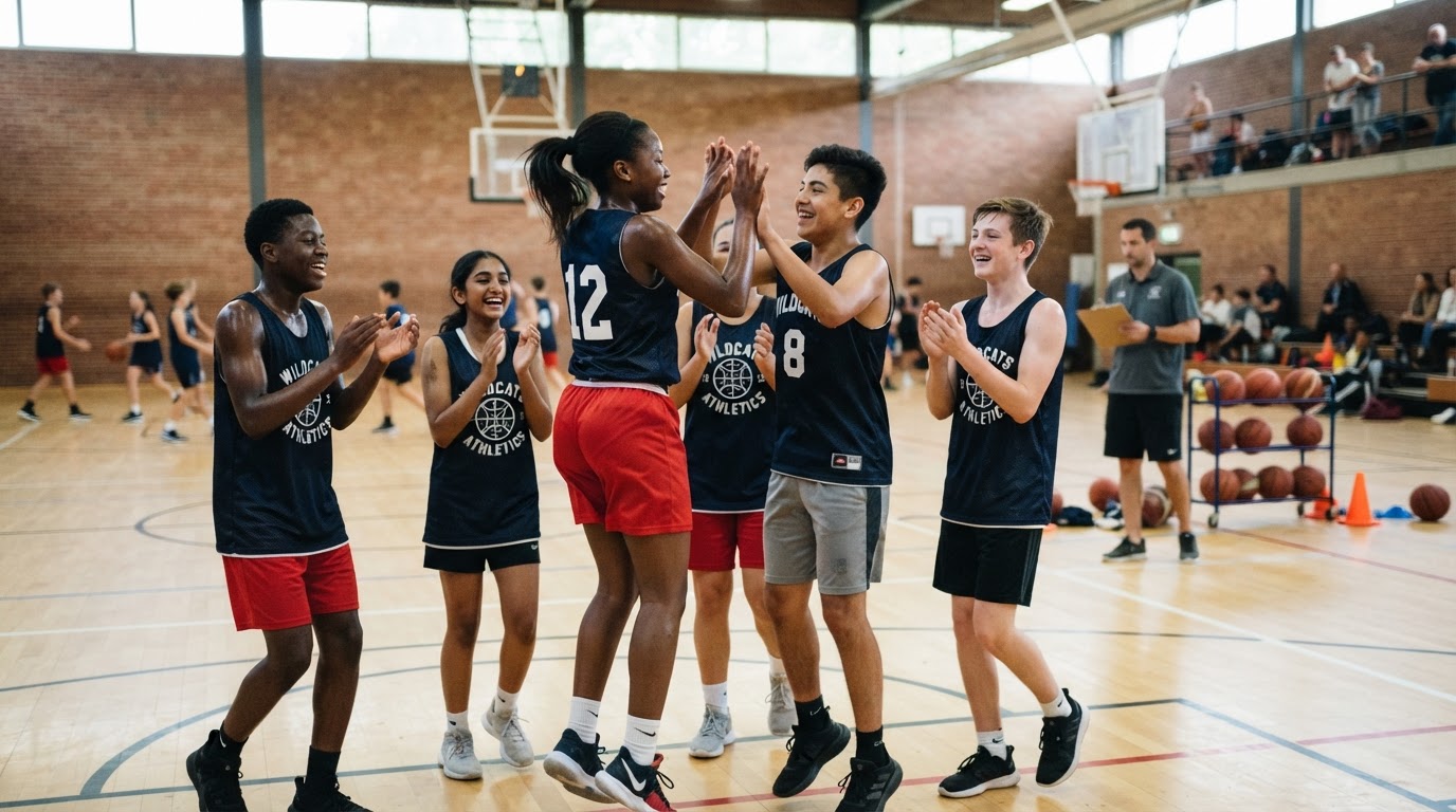 Young athletes training and celebrating together