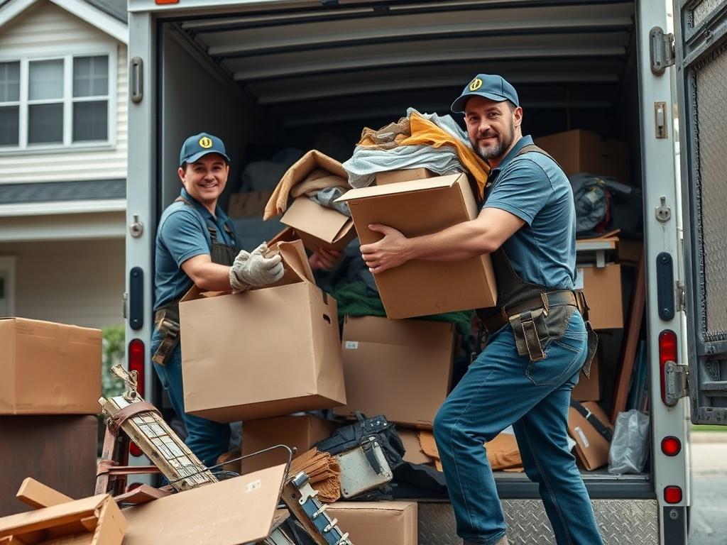 A realistic high-resolution photo of a professional junk removal team in action, showcasing two workers lifting and loading various types of junk (furniture, debris, boxes) into a truck. The background should be a residential area with a clean and organized exterior, emphasizing the effort of decluttering. The image should have a close-up focus on the workers, capturing their expressions of determination and teamwork, shot with a 45mm f/1.2 lens style. Use an rgb(50, 170, 39) color tone to highlight the bra