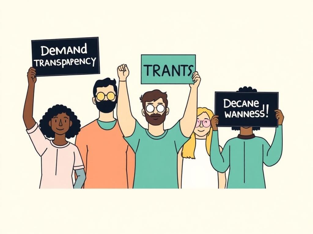 A minimalist illustration of a group of diverse individuals holding up signs that read 'Demand Transparency.' The background is a soft pastel color, symbolizing unity and collective action, emphasizing the importance of community involvement in local governance.