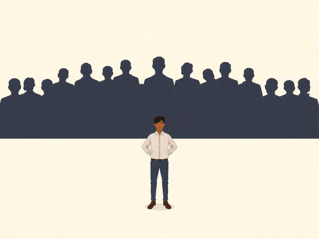 A minimalist illustration of a person standing confidently in front of a wall of shadows, representing the courage of whistleblowers. The background features soft pastel colors, emphasizing a hopeful and empowering atmosphere as the figure stands tall.