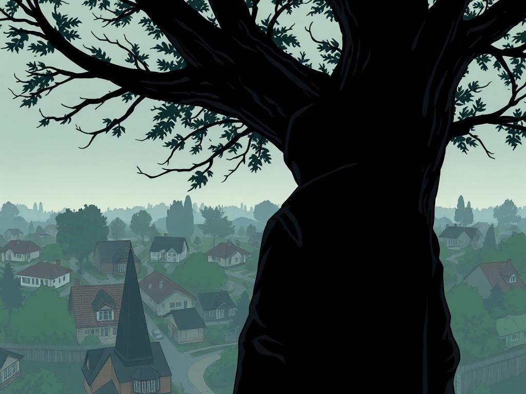 An illustration depicting a shadowy figure observing a community from behind a tree, symbolizing covert operations. The background shows a neighborhood with houses and trees, creating a sense of unease. The figure is dressed in dark clothing, blending into the surroundings, representing hidden surveillance. The scene evokes a feeling of vigilance and the need for awareness, with a creepy yet intriguing atmosphere.