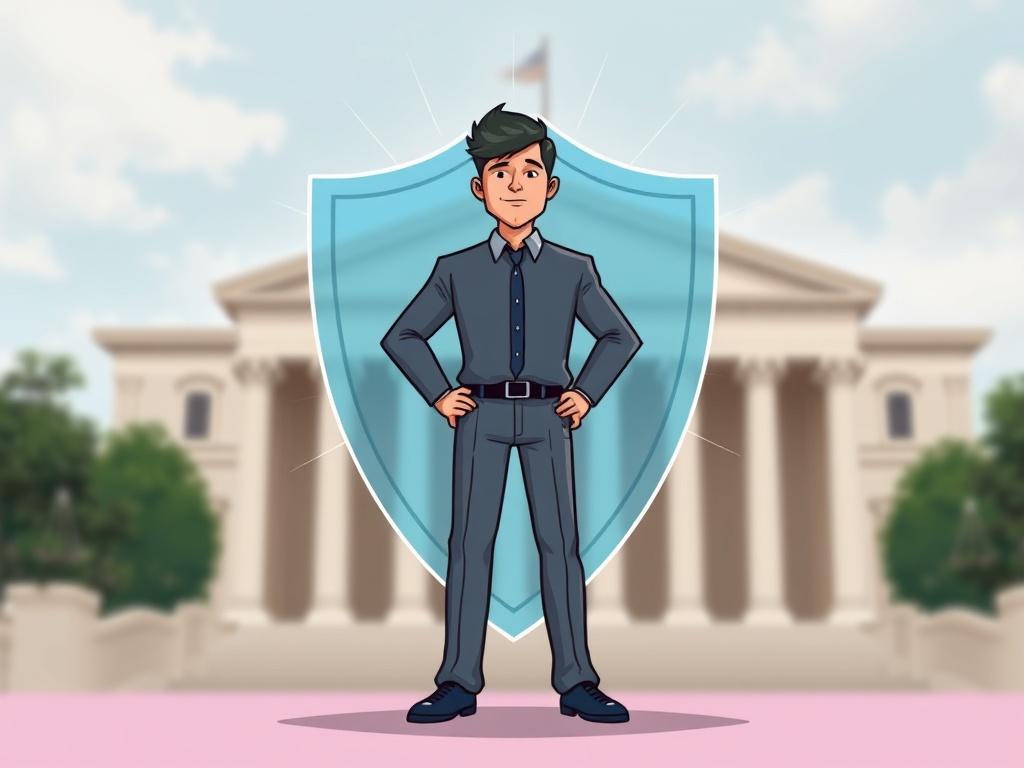 An illustration of a lone figure standing tall, surrounded by a protective shield, symbolizing the strength and courage of whistleblowers. The background features a blurred courthouse to represent legal protection and justice. The figure looks determined with a slight smile, embodying hope and resilience. Soft light shines around the shield, emphasizing safety and support, giving the viewer a sense of empowerment and advocacy.