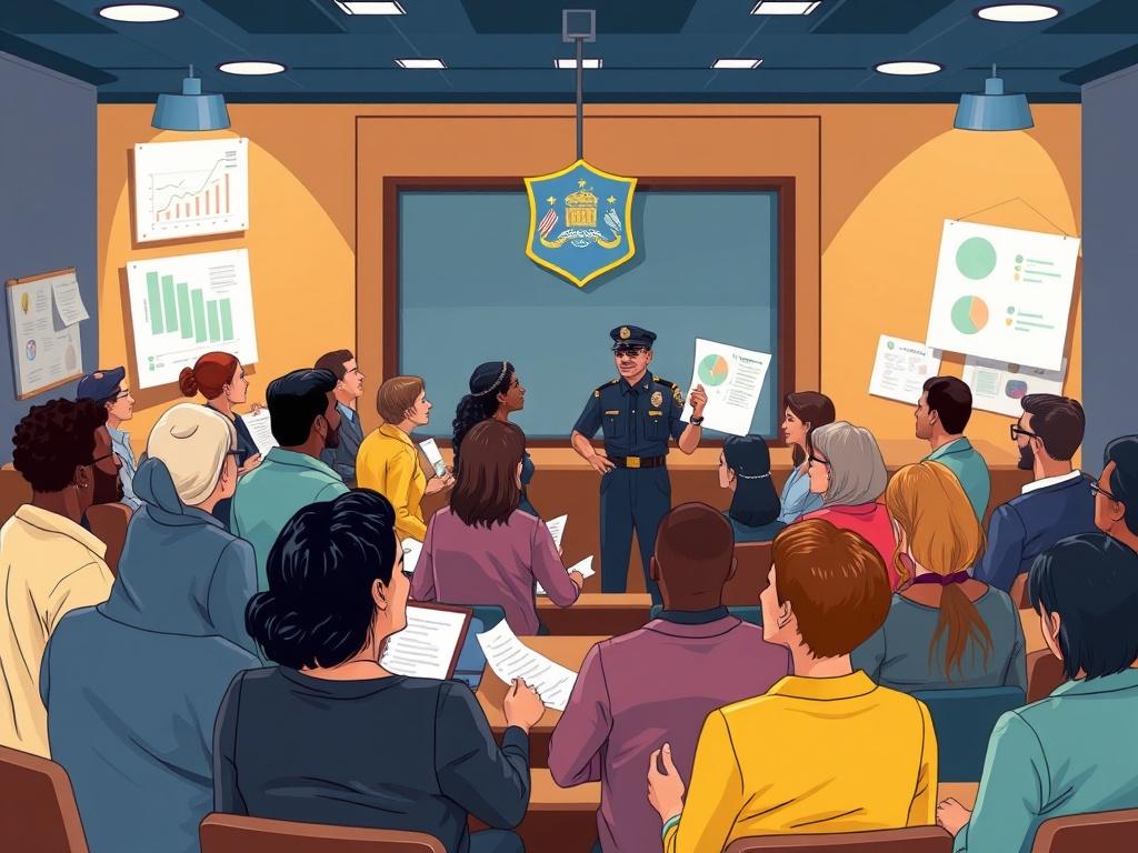 An illustration of a group of citizens gathered in a town hall meeting, discussing local law enforcement policies. The room is filled with charts and documents, showing community engagement in governance. People of diverse backgrounds are animatedly sharing their thoughts. The atmosphere is one of collaboration and determination, highlighting the importance of transparency and accountability in local law enforcement.