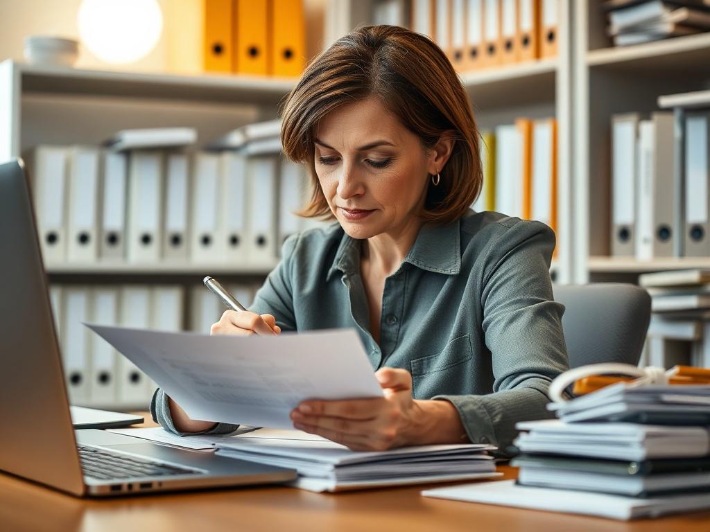 Create a realistic high-resolution photo that captures the essence of the blog titled "Understanding Gold Membership Benefits." The composition should be simple and clear, featuring a close-up shot of a person sitting at a well-organized desk, actively engaging with neatly arranged documents and files. The individual, a middle-aged woman with an expression of focus and determination, should be examining a document, using a pen to annotate notes for clarity.

In the background, there should be soft, ambient 