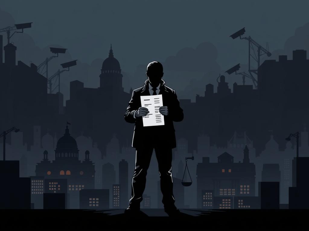 A powerful image of a lone figure standing firm against a backdrop of a dark, ominous cityscape, symbolizing the fight for justice. The figure represents a whistleblower, holding a document that signifies truth. The cityscape is shadowy, with hints of surveillance cameras and government buildings, illustrating the covert operations. The color palette includes shades of the primary color rgb(193, 153, 87), creating a stark contrast between the figure and the surroundings.