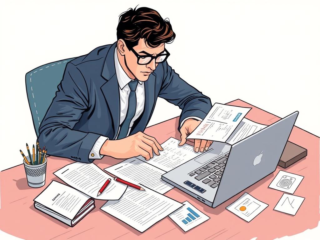 An investigative journalist analyzing data on a laptop, with notes and evidence spread out, showcasing the effort to unveil the truth.