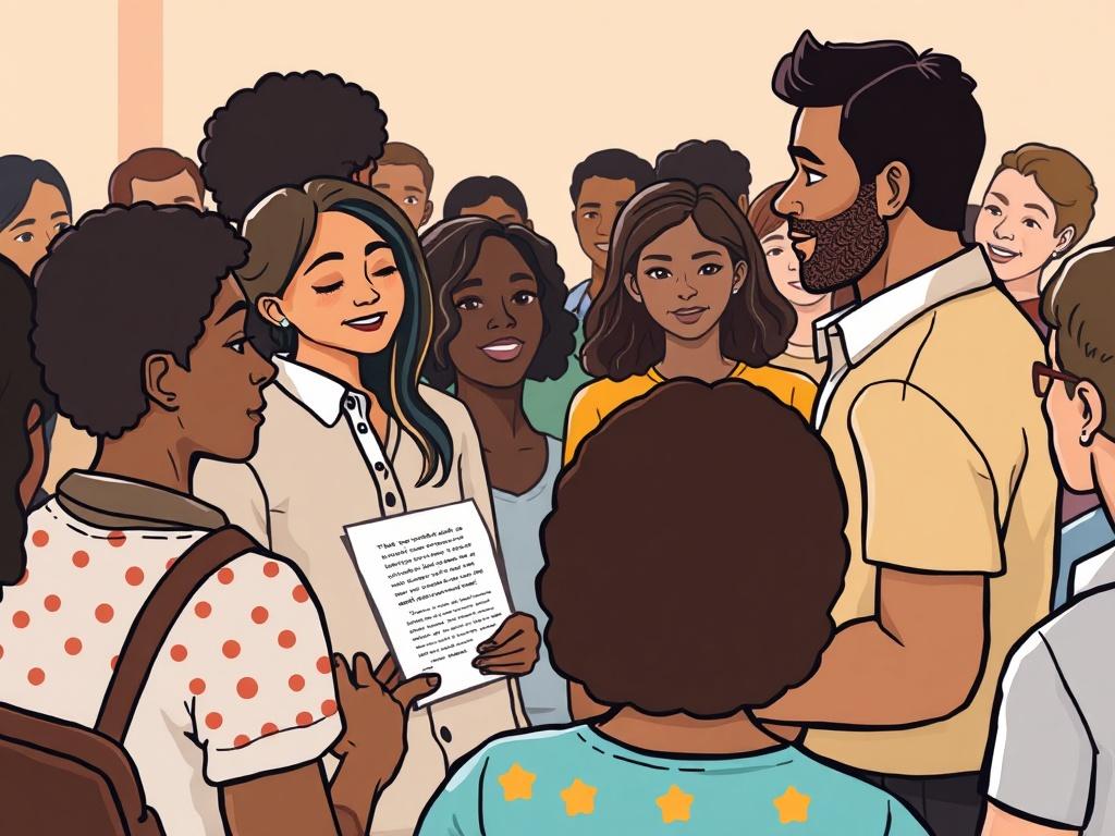 A community gathering with diverse individuals listening to a speaker, sharing information about constitutional rights and community safety.