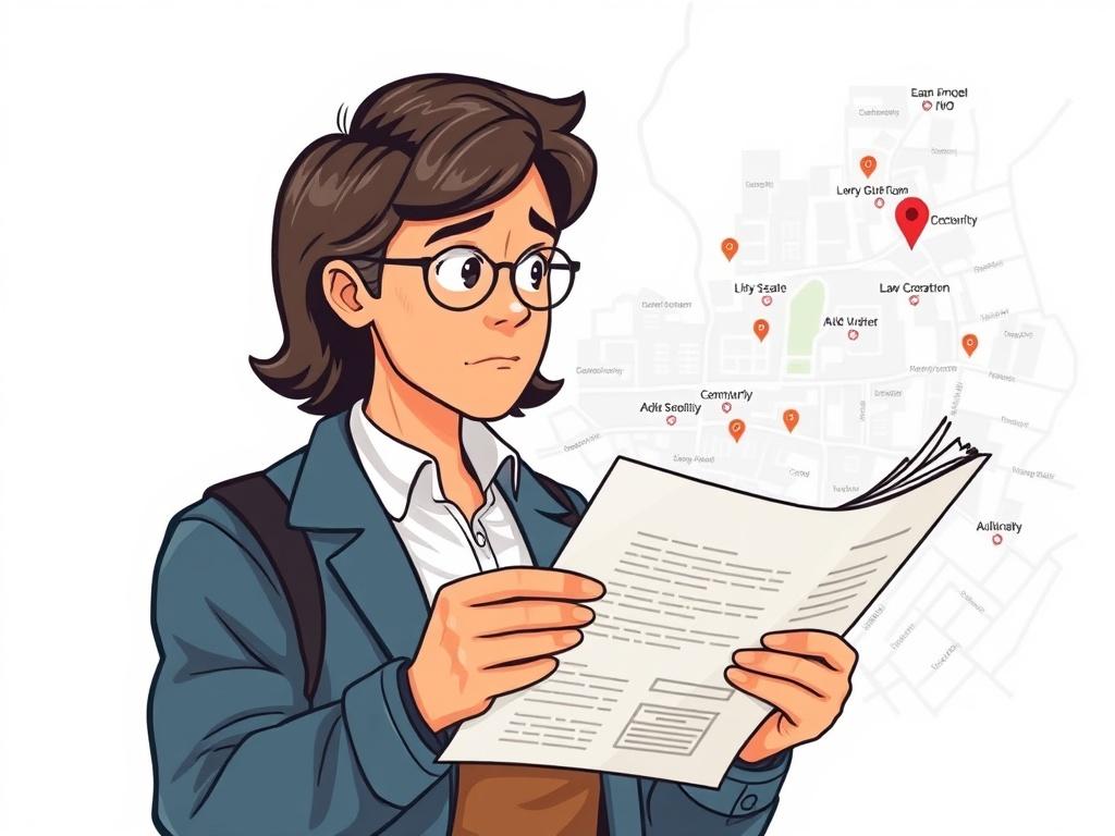 A concerned citizen reviewing documents about local law enforcement, with a map of the community in the background, highlighting areas of concern.