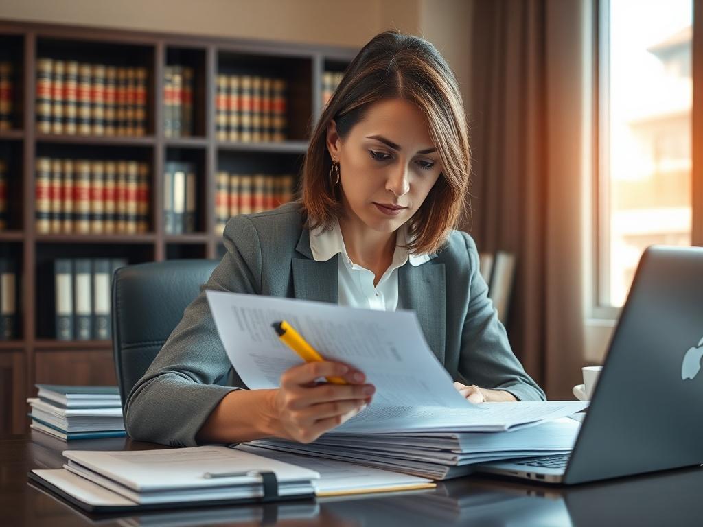 **Prompt for AI Image Generator:**

Create a realistic high-resolution photo that visually represents the theme of "Uncovering Procedural Violations" in a legal context. The image should feature a single subject, a thoughtful and focused attorney in a modern office setting. The attorney, a middle-aged Caucasian woman with medium-length brunette hair, is seated at her desk, analyzing a stack of legal documents and case files.

The composition should focus on the attorney, capturing her expression of determin