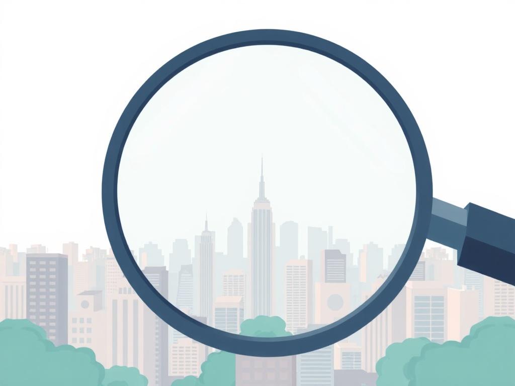 An illustration of a magnifying glass over a cityscape, symbolizing investigation and transparency. The background should be minimalistic with pastel colors, focusing on a single subject, the magnifying glass, and the cityscape should be rendered in clean lines, evoking a sense of clarity and insight.