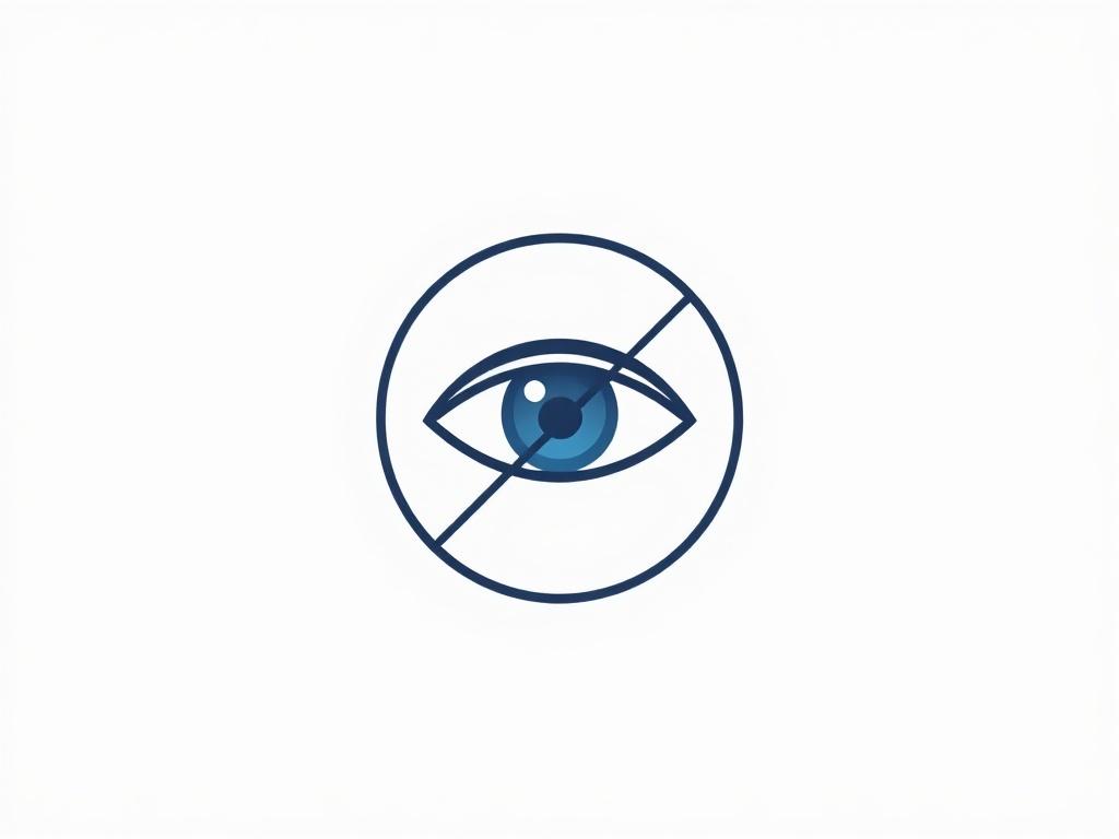 An illustration of an eye surrounded by a circle with a line through it, symbolizing awareness and protection against surveillance. The background should be minimalistic and composed of pastel colors, emphasizing the eye as the central focus while maintaining a clean aesthetic.