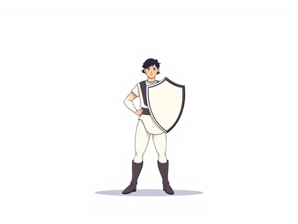 An illustration of a person standing confidently with a shield, symbolizing protection and courage. The background should be minimalistic with soft pastel colors, focusing on the figure as the main subject, and the shield should be clear and distinct against a simple backdrop.