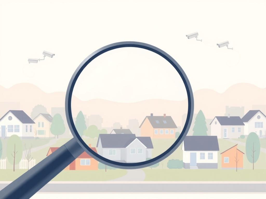 Design a high-quality illustration of a magnifying glass over a neighborhood scene, depicting houses and trees, with subtle hints of surveillance cameras in the background. The image should have a clean and simple composition, using pastel colors for a calming effect.