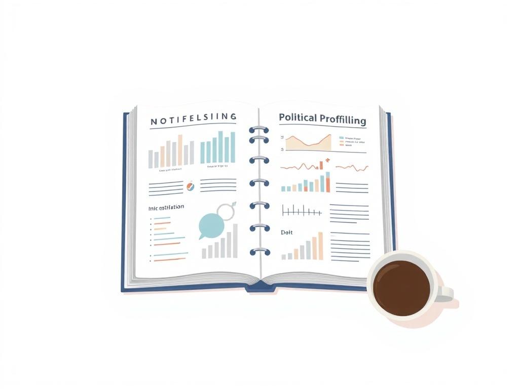 Create a high-quality illustration of an open workbook with charts, graphs, and notes related to political profiling, surrounded by a pen and a coffee mug. The design should be minimalistic with a light pastel color scheme to evoke a sense of organization and focus.