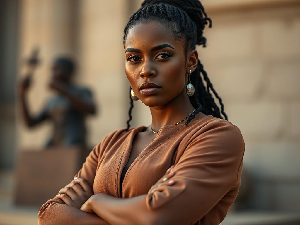 A close-up shot of a determined woman, representing empowerment and justice, standing confidently with arms crossed. She has a serious expression, symbolizing strength and resilience. The background is blurred, focusing on her, with warm tones that complement the primary color rgb(193, 153, 87). The image should have a hyper-realistic quality, shot with a 45mm f/1.2 lens.
