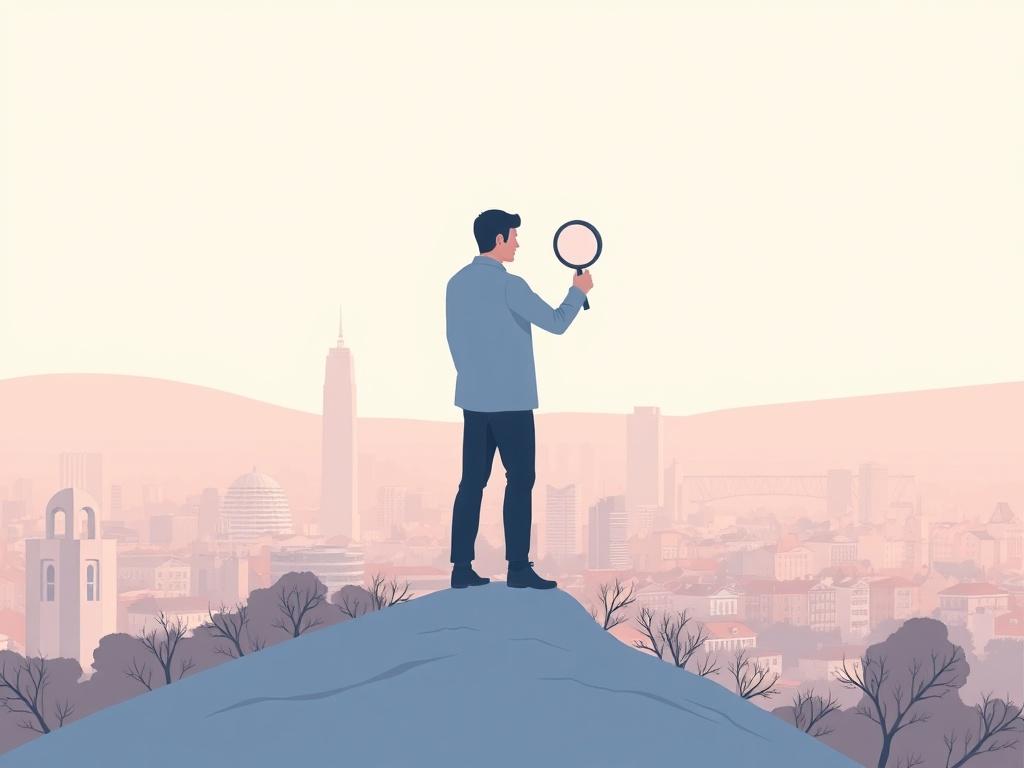 Create a high-quality illustration of a lone figure standing on a hill, overlooking a cityscape at dawn. The figure should embody strength and vigilance, holding a magnifying glass to symbolize investigation. The city in the background should reflect a mix of modern and traditional architecture, with soft pastel colors dominating the scene. The sky should be a gentle gradient, transitioning from light pink to pale blue, creating a serene yet powerful atmosphere. The composition should be clean and minimalis