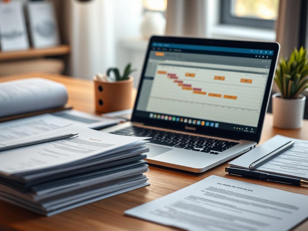 A close-up shot of an organized workspace with neatly arranged documents, a laptop displaying a well-structured timeline, and a coffee cup. The lighting is warm and inviting, with a focus on clarity and professionalism. The background is softly blurred to emphasize the workspace.
