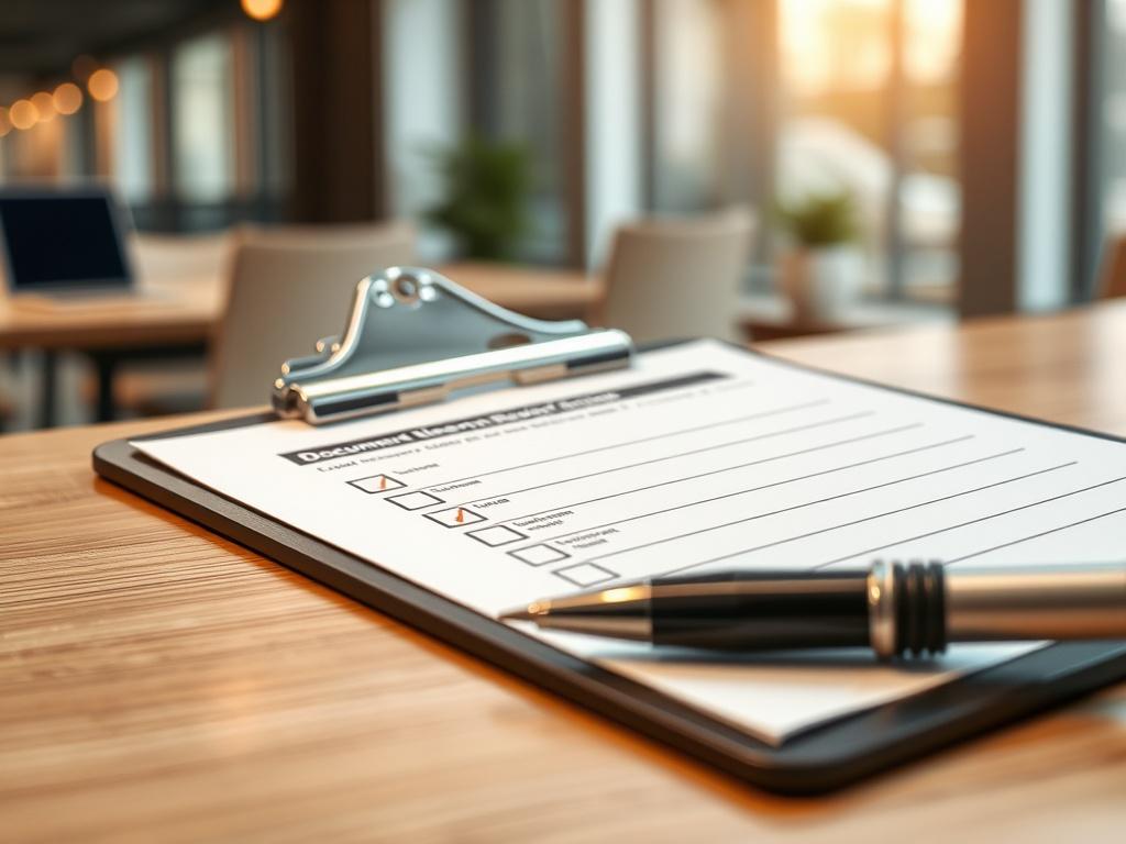 A close-up shot of a completed document review checklist on a clipboard, with a pen resting beside it. The background shows a well-lit office environment, enhancing the feeling of professionalism and readiness.