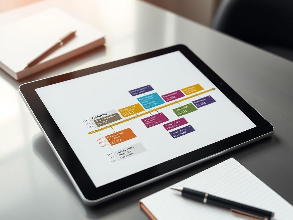 A high-resolution image of a digital timeline displayed on a tablet, showing various milestones and events in a clear, color-coded format. The tablet is placed on a sleek desk with a notepad and pen nearby, creating a professional and organized atmosphere.