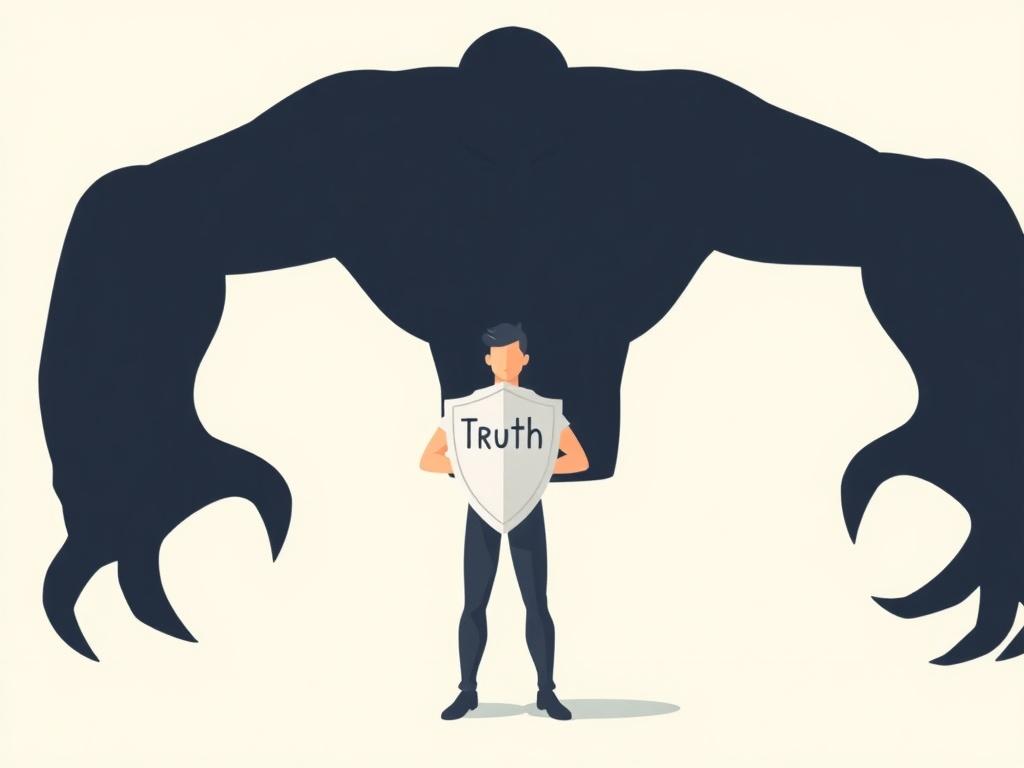 A simple illustration of a person standing strong in front of a large, looming shadow symbolizing threats. The person is holding a shield marked with the word 'Truth'. The background features soft pastel colors, creating a contrast between the bright figure and the dark shadow. The focus is on the individual and the shield, representing the courage needed to stand up against intimidation.