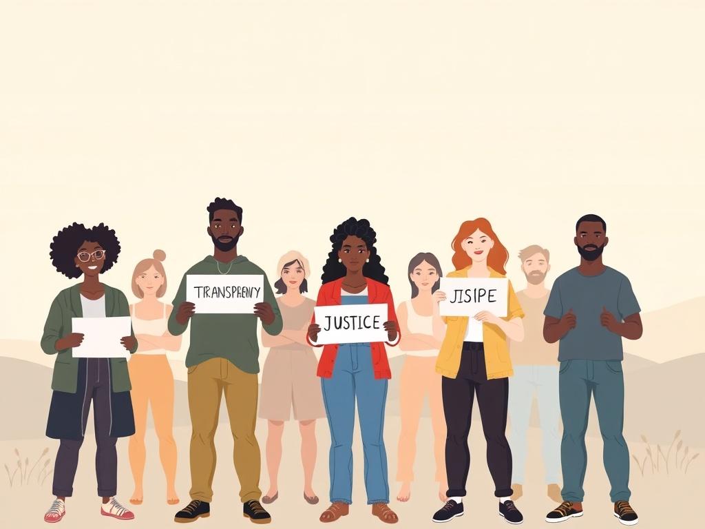 An illustration showing a diverse group of people standing together, looking determined as they hold signs that say 'Transparency' and 'Justice'. The background is a serene pastel landscape, symbolizing hope and unity. The composition highlights the individuals, emphasizing their collective strength and resolve to protect their community from infiltration and suppression. The scene is simple yet powerful, focusing on the unity of the group.
