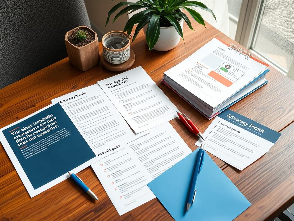A realistic high-resolution photo of the Advocacy Toolkit laid out on a table, featuring templates, a guide, and writing tools. The arrangement should be clear and inviting, with natural light highlighting the materials and creating a welcoming atmosphere.
