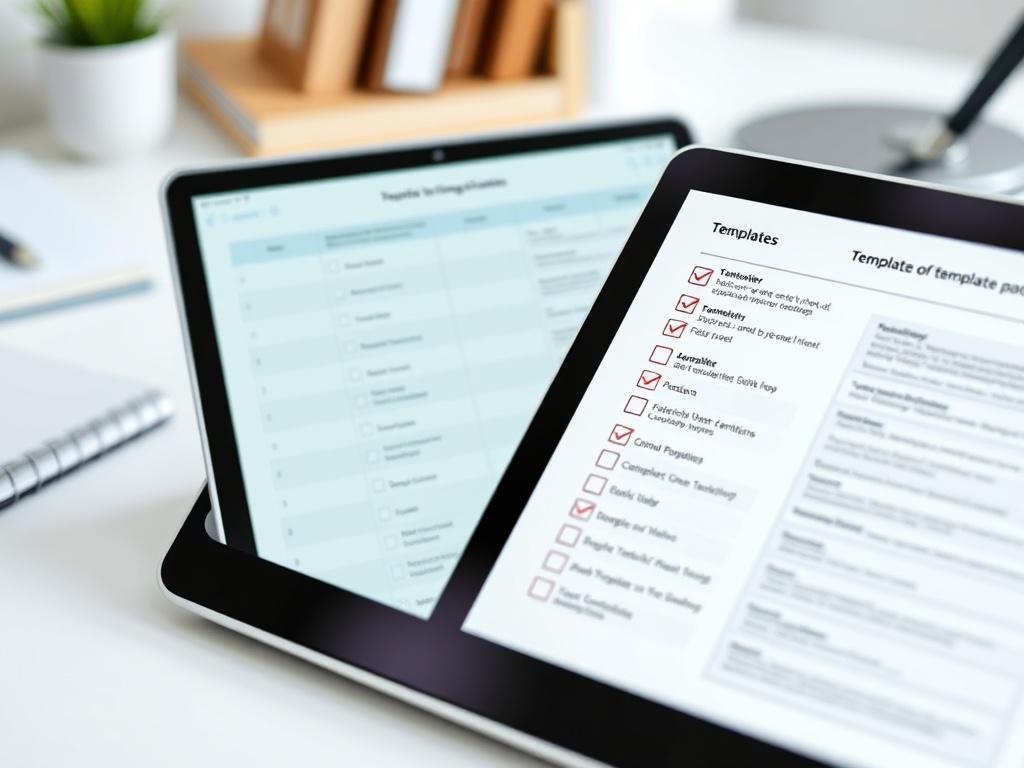 A realistic high-resolution image of a set of digital templates and checklists displayed on a tablet, set against a clean desk background. The focus should be on the clarity and usability of the templates.