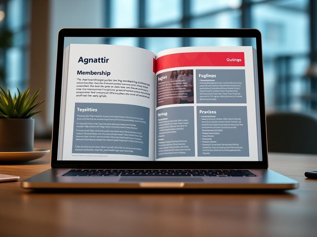 A realistic high-resolution image of an open digital guide on a laptop screen, displaying various sections about membership benefits, with a soft-focus background of a modern workspace. The image should reflect sophistication and clarity.